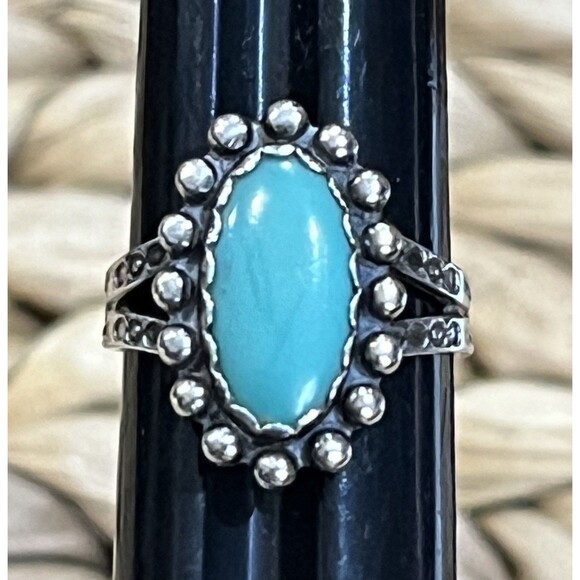 Native American Jewelry - Navajo Sleeping Beauty Turquoise Sterling Silver Ring Sz 6.75 Beaded Stamped